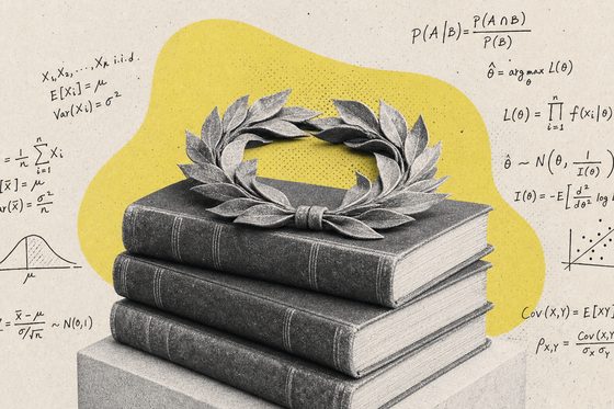 Collage: Stapel alter Bücher mit einem Lorbeerkranz darauf, gelber Farbfleck