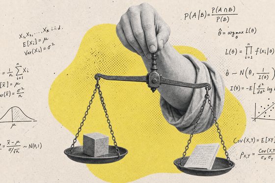 Collage: Marmorhand hält eine Balkenwaage, auf einer Schale ein Würfel, auf der anderen ein Blatt Papier