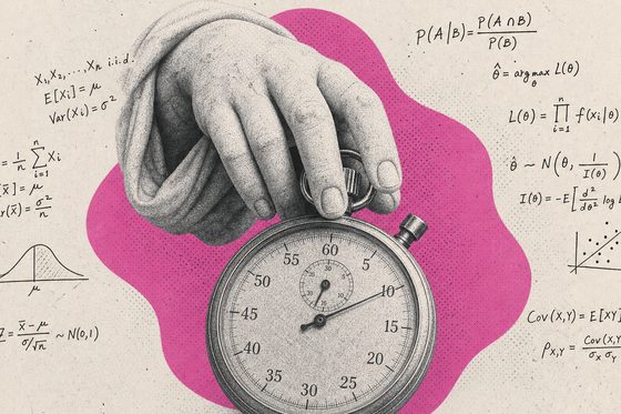 Collage: Marmorhand auf einer alten Stoppuhr, magentafarbener Farbfleck