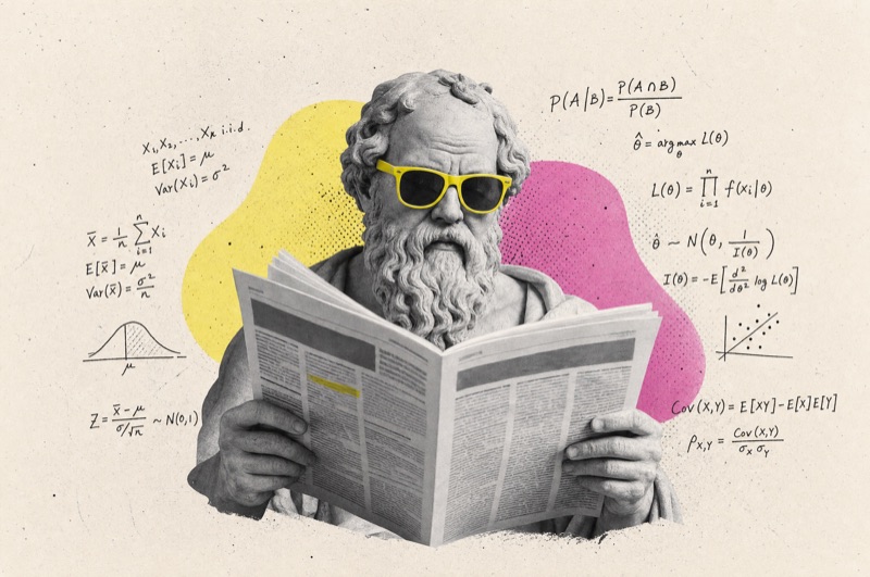 Collage: Sokrates-Büste mit gelber Sonnenbrille liest aufmerksam eine Zeitung, eine Spalte gelb markiert, umgeben von handgeschriebenen Statistik-Formeln